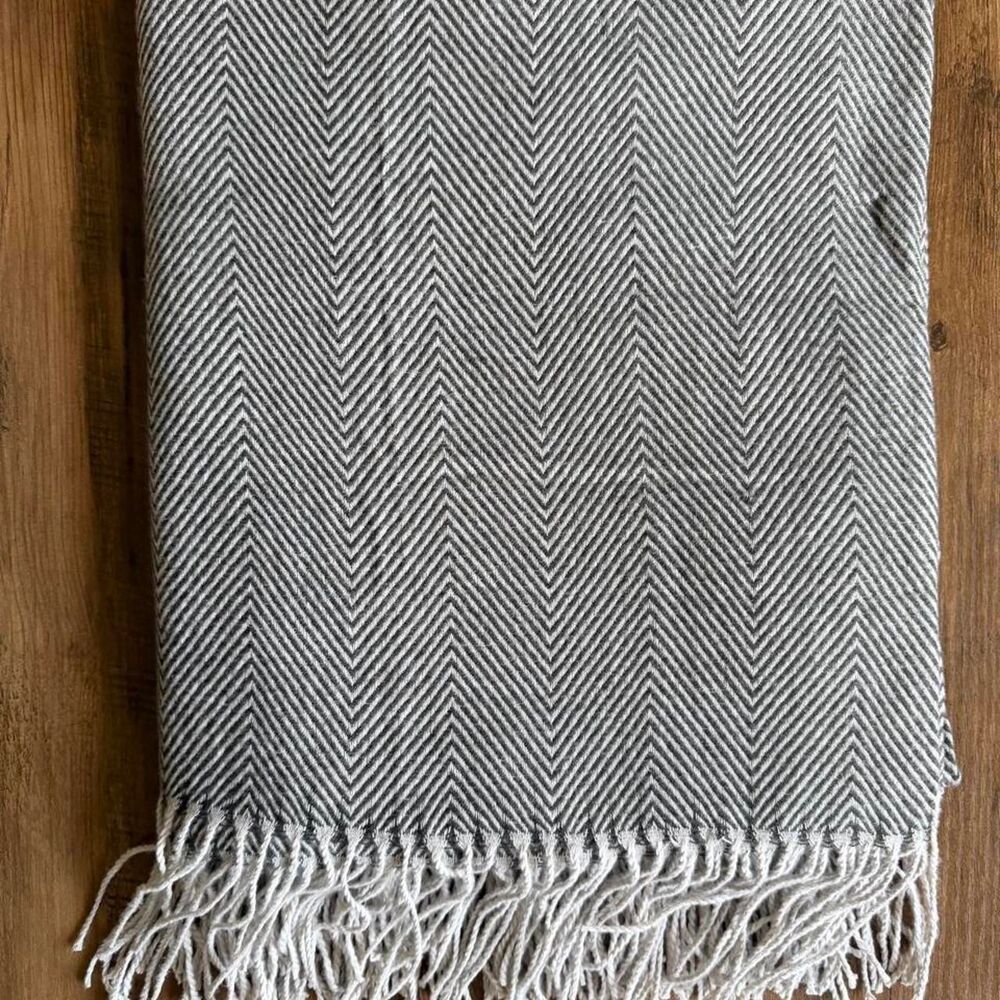 Gray Herringbone Throw Blanket with Fringe end 50x60in